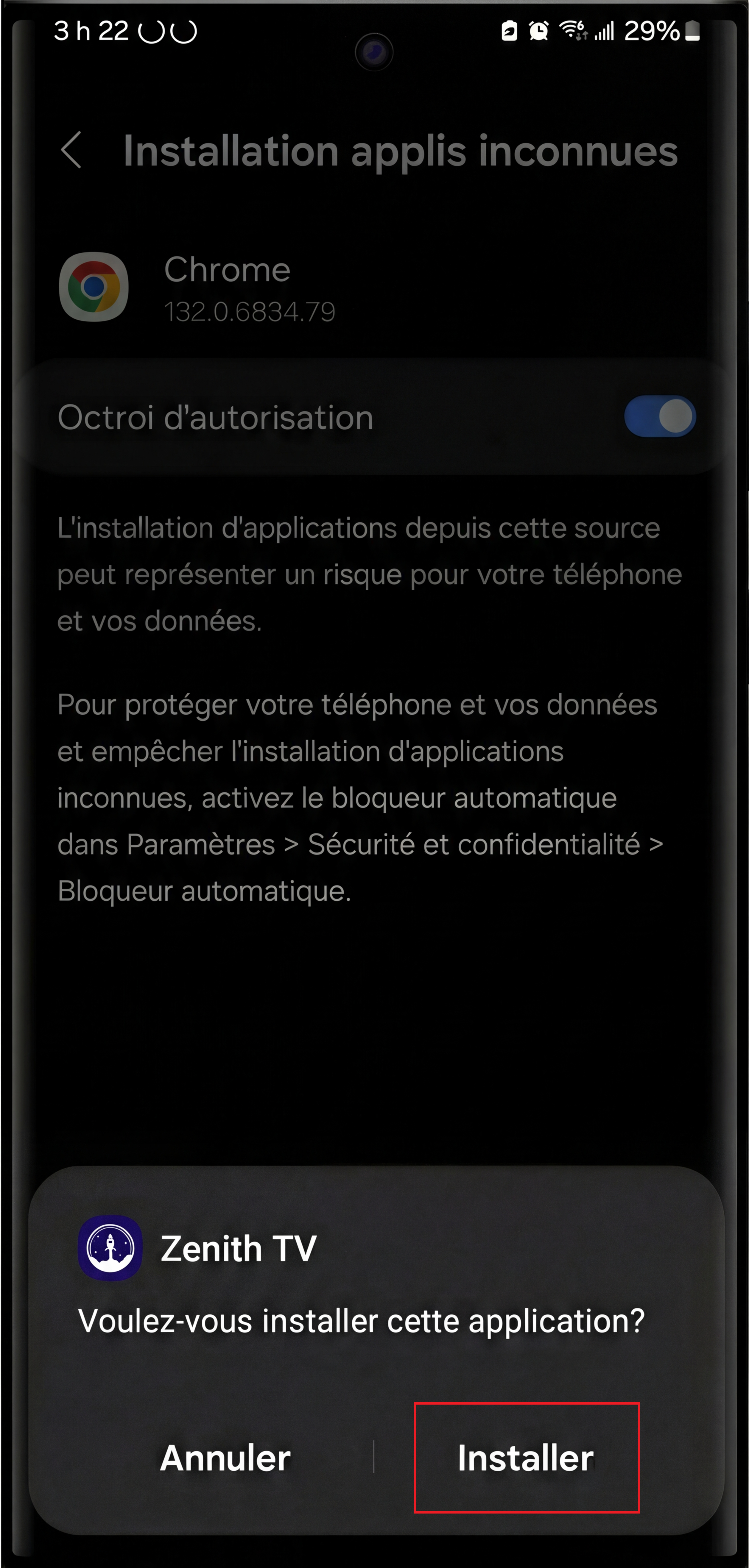 Android – confirmer l’installation (Installer)