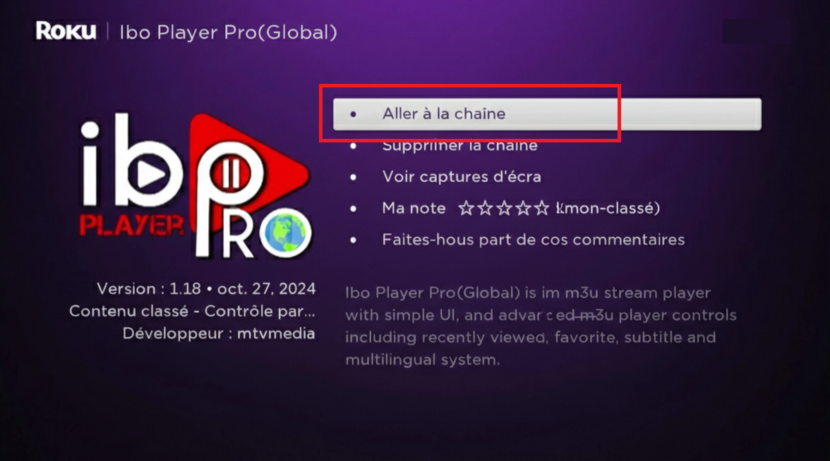 Roku – Aller à la chaîne (Ibo Player Pro installé)